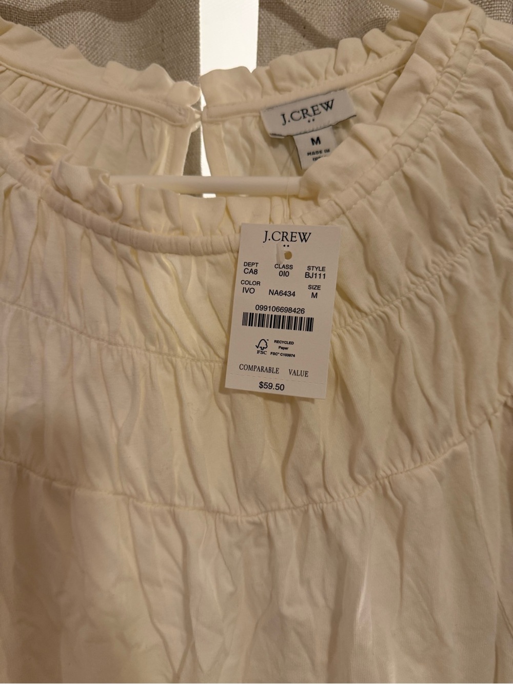 J. Crew Factory Cream Smocked Yoke Short Sleeve Knit Top M New - Picture 2 of 3